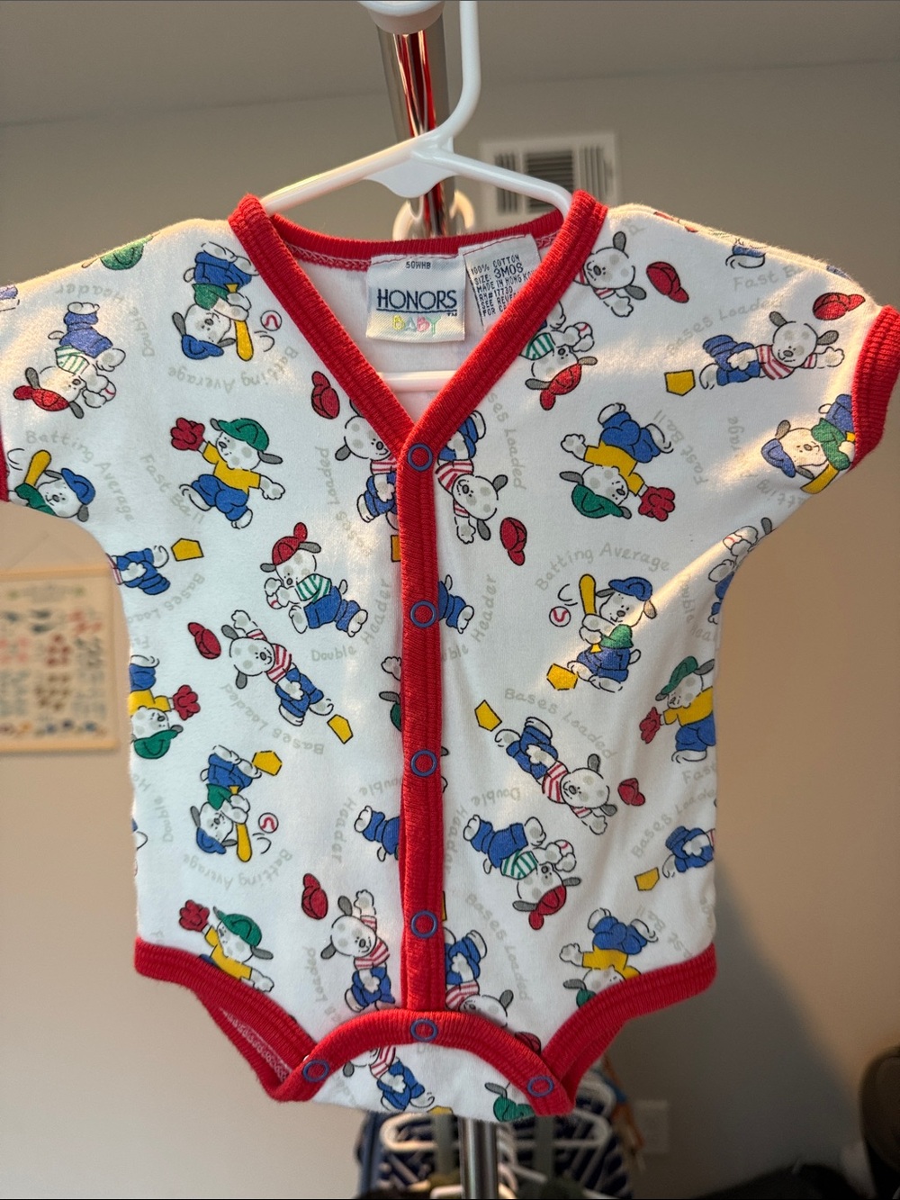 Honors Red-Trim Baby Bodysuit with Playful Baseball Puppy Print